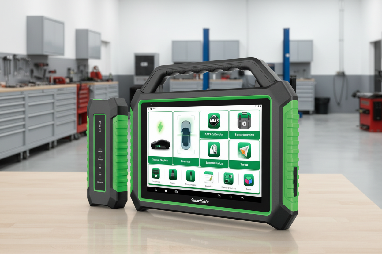 SmartSafe P01 en taller automotriz realizando diagnóstico de batería EV con análisis SOC, SOH y datos por celda en vehículos eléctricos