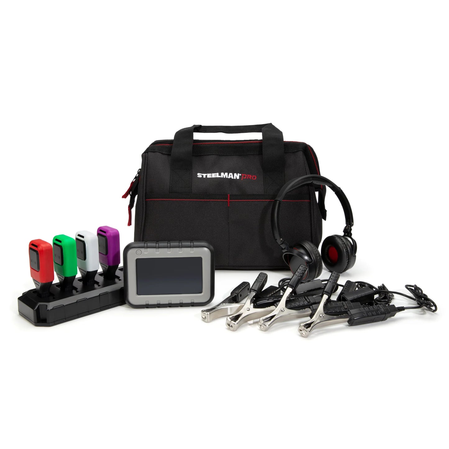 STEELMAN PRO 60605 Wireless ChassisEAR 2 detector de ruidos de chasis con 4 transmisores inalámbricos, tablet digital, audífonos y accesorios para diagnóstico NVH automotriz
