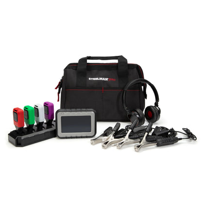 STEELMAN PRO 60605 Wireless ChassisEAR 2 detector de ruidos de chasis con 4 transmisores inalámbricos, tablet digital, audífonos y accesorios para diagnóstico NVH automotriz