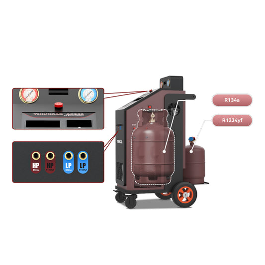Thinkcar AC200 con conexiones HP/LP para R134a y R1234yf, doble tanque independiente y compresor de alto rendimiento para servicio A/C automotriz.