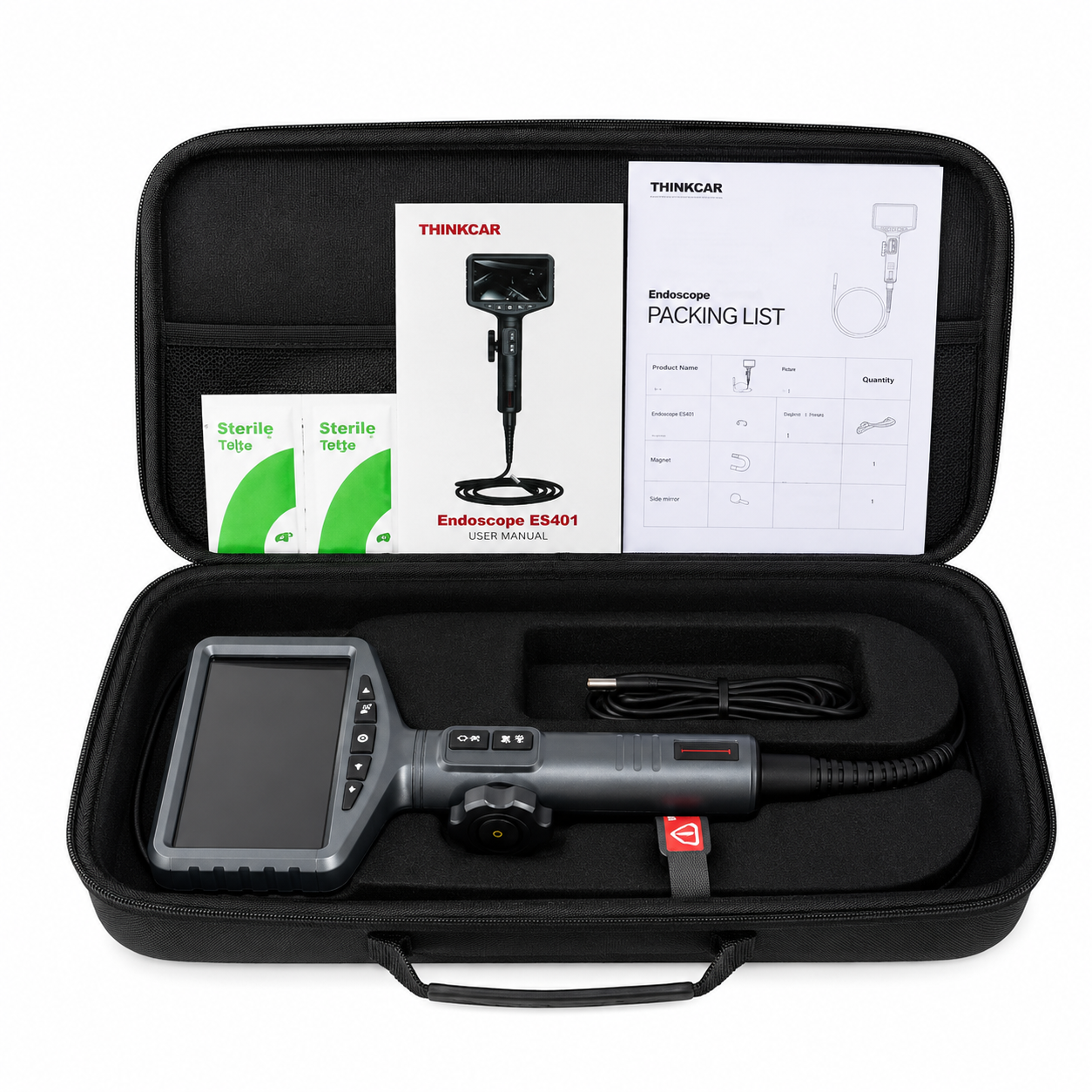 Cámara de inspección automotriz THINKCAR ES401 con estuche, sonda flexible, manuales y accesorios para diagnóstico visual