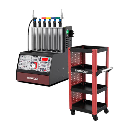 Thinkcar GDI 100 con carrito auxiliar para limpieza ultrasónica y diagnóstico avanzado de inyectores GDI, EFI y TBI. Equipo compacto profesional con pruebas automáticas y alta productividad.