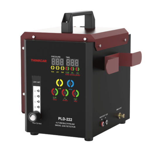 Thinkcar PLD222 detector de fugas de humo automotriz con pantalla digital, modo Turbo y función EVAP. Diseñado para localizar filtraciones en admisión, escape, tanque de combustible y sistemas EVAP.