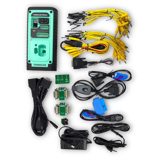 Kit Thinkcar PROG2 con cables, adaptadores, alimentador y accesorios para programación de llaves, conexión a ECUs y pruebas en banco. Incluye adaptadores MCU y conectores para trabajos avanzados de IMMO.
