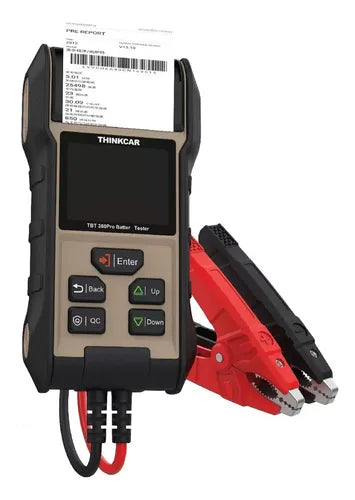 Thinkcar TBT 360 Pro probador profesional de baterías 12V y 24V con impresora térmica integrada y pinzas Kelvin para diagnóstico de arranque, carga y voltaje.