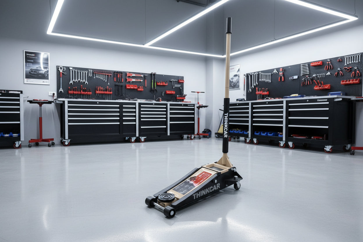 Gato hidráulico Thinkcar TFJ-340 de 4 toneladas en taller mecánico, perfil bajo y doble pistón para elevación rápida