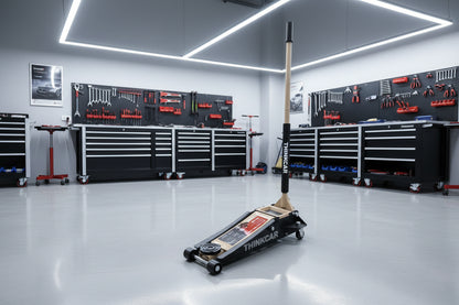 Gato hidráulico Thinkcar TFJ-340 de 4 toneladas en taller mecánico, perfil bajo y doble pistón para elevación rápida