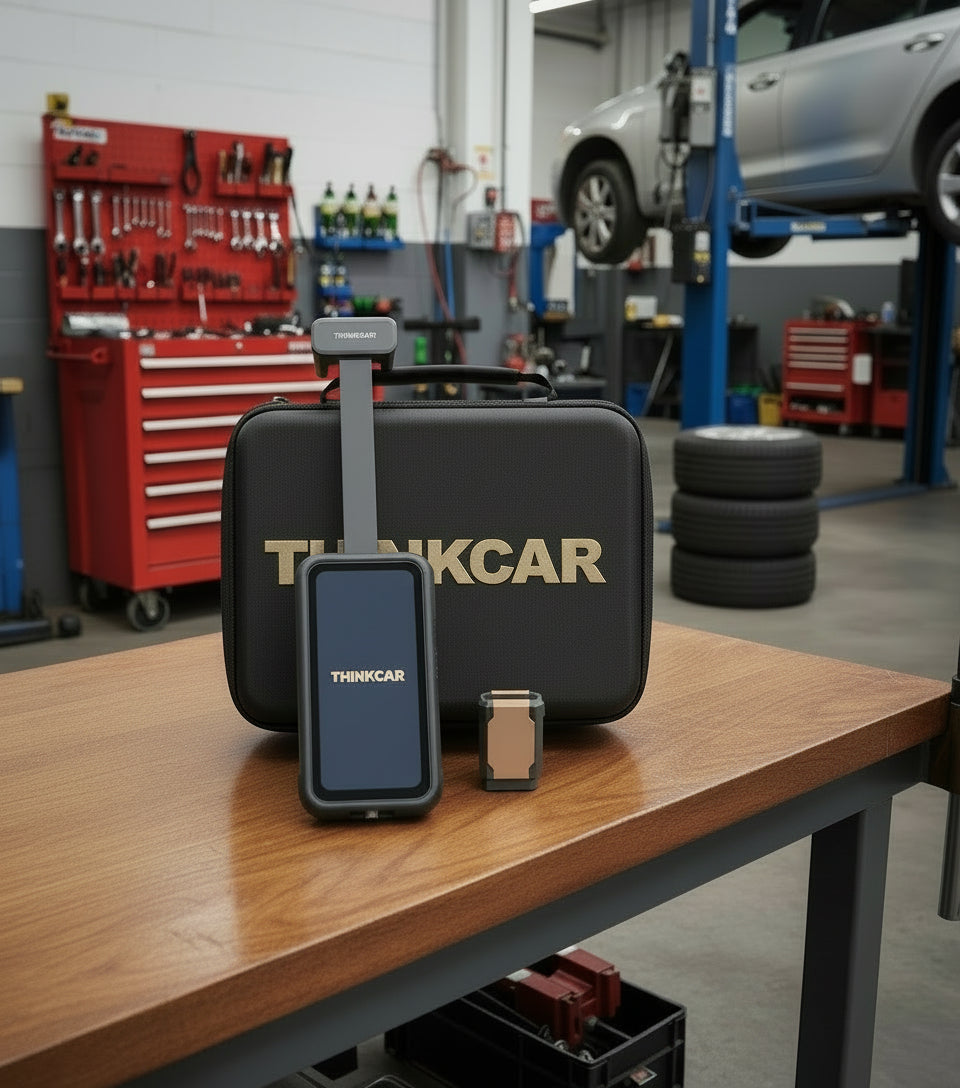 Thinkcar ThinkEasy TE colocado sobre mesa de taller automotriz, usado para diagnóstico preventivo profesional: presión de motor, aceite de transmisión, líquido de frenos, TPMS y desgaste de llantas.