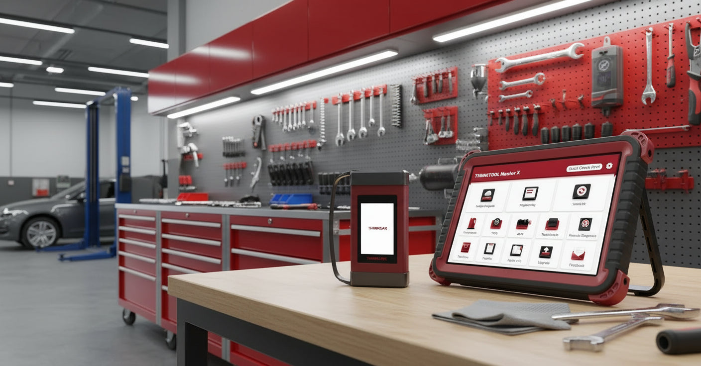 Thinkcar THINKTOOL Master X en taller automotriz, escáner OBD2 profesional para autos, camiones, híbridos y eléctricos