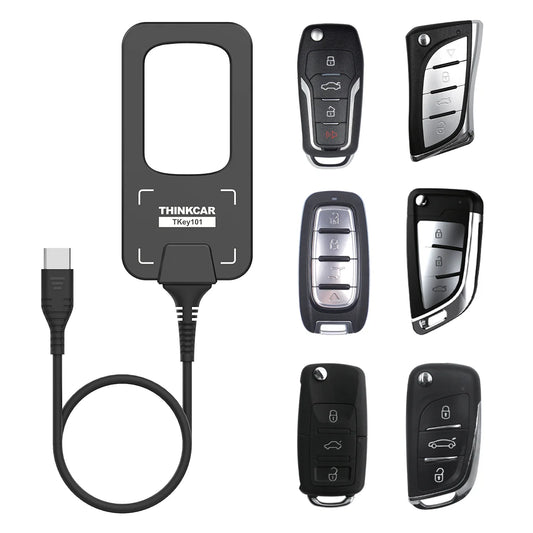 Thinkcar TKEY 101 programador universal de llaves inteligentes con 6 controles remotos incluidos. Generador y programador de transponders (8A, 4D, 4A, 46, 47, 48, 49, MQB48), detección de frecuencia y verificación de antena para cerrajería automotriz profesional.