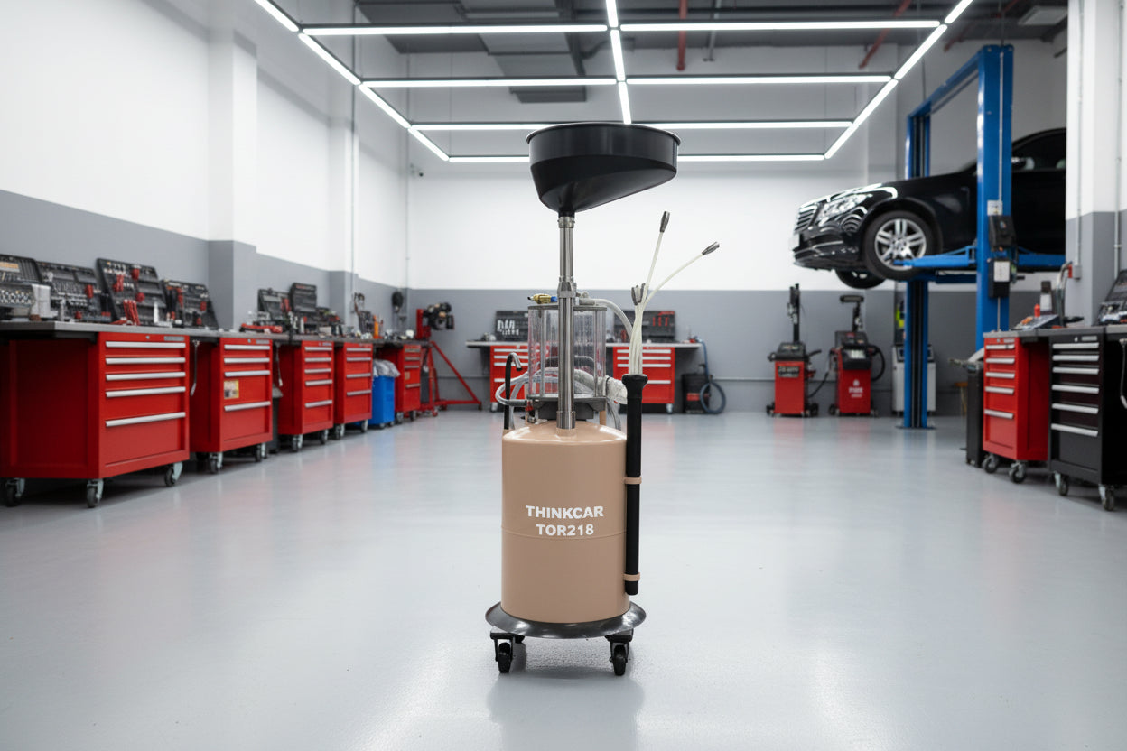 Máquina neumática Thinkcar TOR 218 para recuperación de aceite usado de 70 litros instalada en taller automotriz