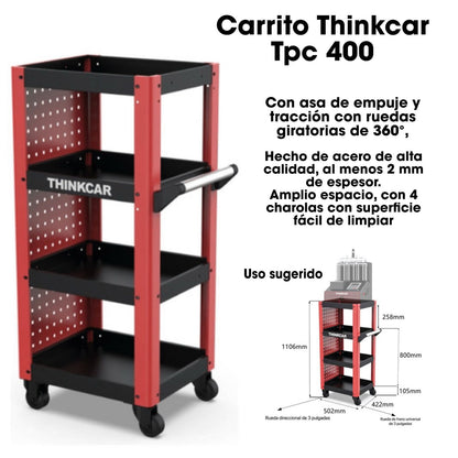 Carrito Thinkcar TPC 400 metálico de 4 niveles con ruedas 360°, diseñado para transportar y organizar el banco de inyectores Thinkcar GDI 100 en talleres automotrices.