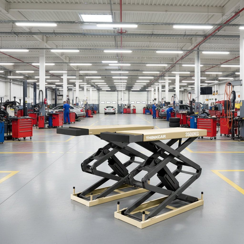 Elevador de tijera empotrable Thinkcar TVL 635 de 3.5 toneladas instalado en taller automotriz para autos y SUVs