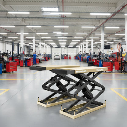 Elevador de tijera empotrable Thinkcar TVL 635 de 3.5 toneladas instalado en taller automotriz para autos y SUVs