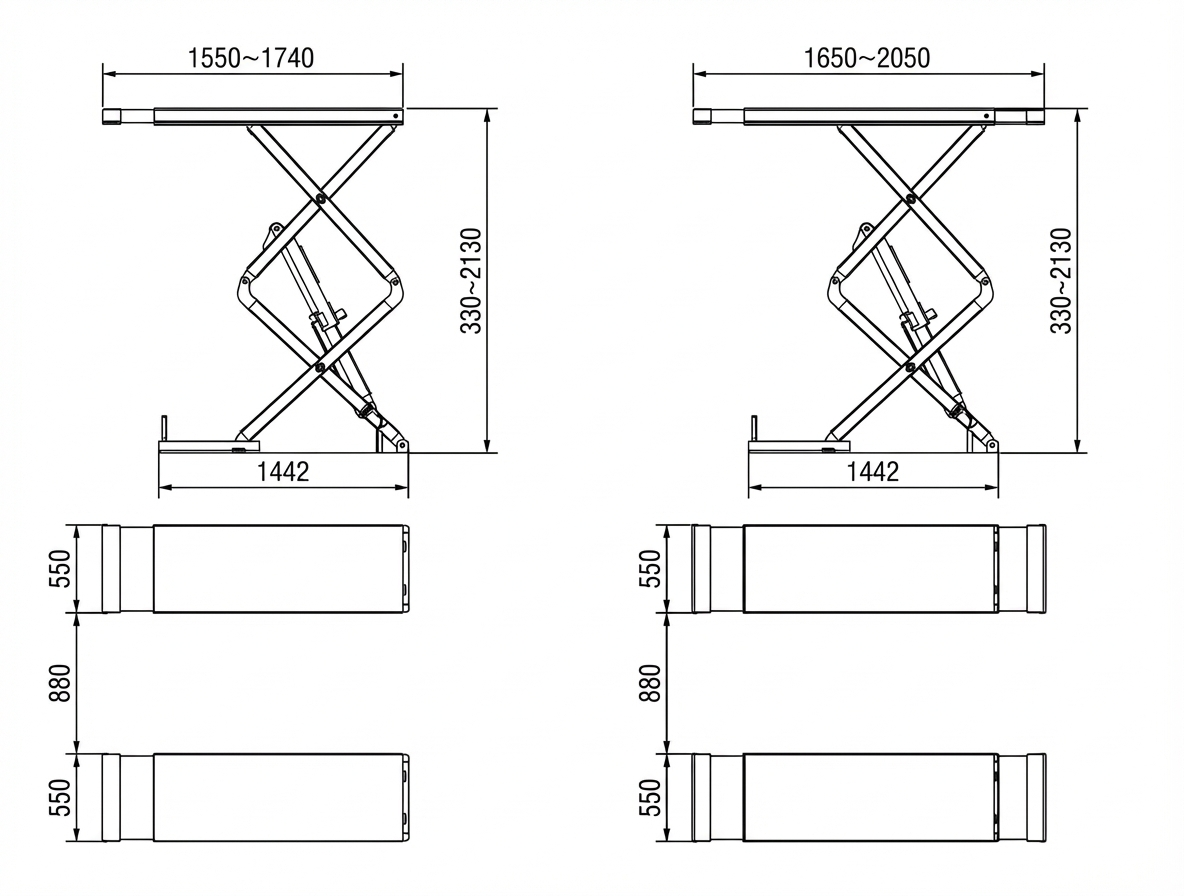 Planos técnicos y dimensiones del elevador de tijera empotrable Thinkcar TVL 635 3500 kg