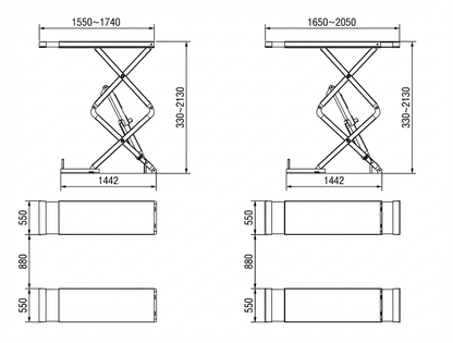 Planos técnicos y dimensiones del elevador de tijera empotrable Thinkcar TVL 635 3500 kg