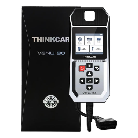Thinkcar VENU 90 programador y escáner TPMS autónomo con caja original, doble frecuencia 315/433 MHz y funciones OBDII básicas. Actualización Wi-Fi y programación ilimitada de sensores.