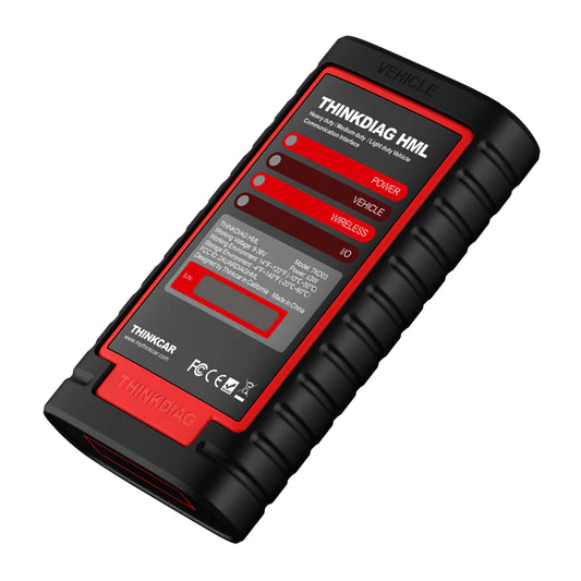 Módulo THINKDIAG HML en vista lateral con diseño robusto y compacto, indicadores LED de conexión y soporte para diagnóstico HD en sistemas de motor, ABS, transmisión y DPF.