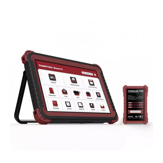 Tablet THINKTOOL Master II de 10″ con interfaz TVCI para diagnóstico automotriz multimarca. Incluye lectura/borrado de DTC, datos en vivo, pruebas activas y codificación.