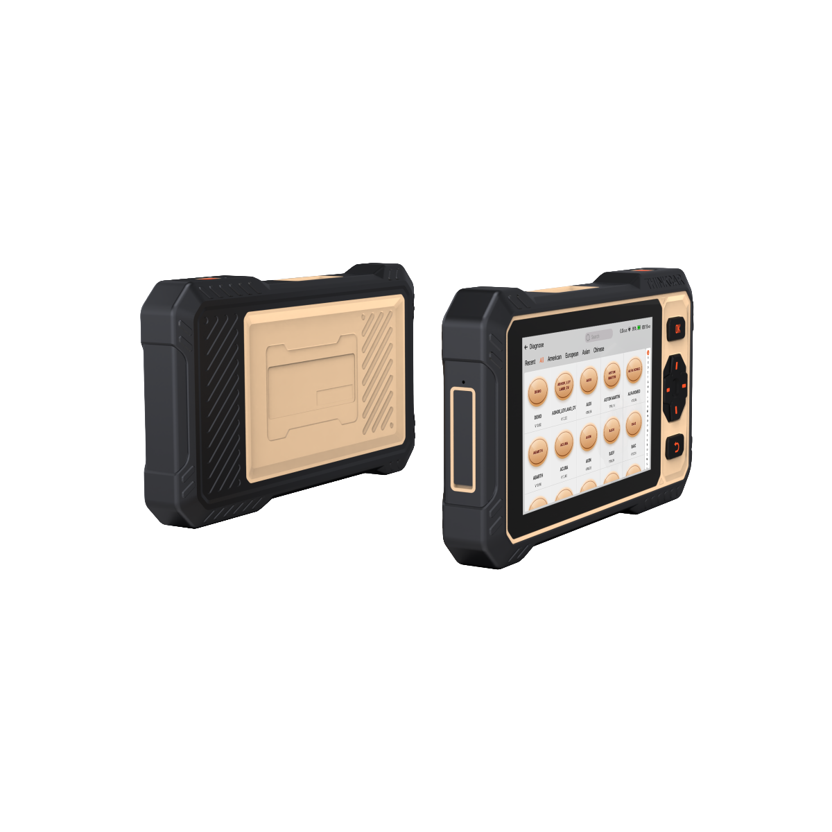 THINKTOOL Reader 8 escáner bidireccional OBD2 con CAN FD y 15 funciones de mantenimiento; vista 3/4 frontal y trasera mostrando pantalla e interfaz de diagnóstico