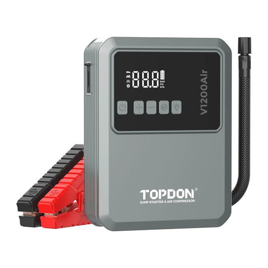 TOPDON V1200Air arrancador de batería portátil con compresor de aire, 1200A pico, inflador de llantas 3 a 150 PSI y power bank 10000 mAh