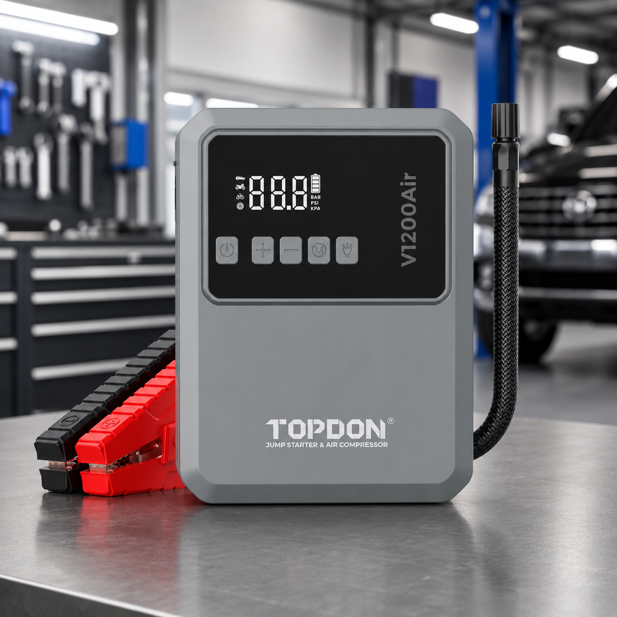 TOPDON V1200Air booster de batería para auto con inflador de llantas portátil, compresor 150 PSI, luz LED y función power bank para emergencias