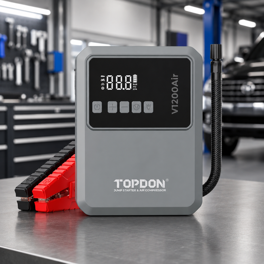 TOPDON V1200Air booster de batería para auto con inflador de llantas portátil, compresor 150 PSI, luz LED y función power bank para emergencias