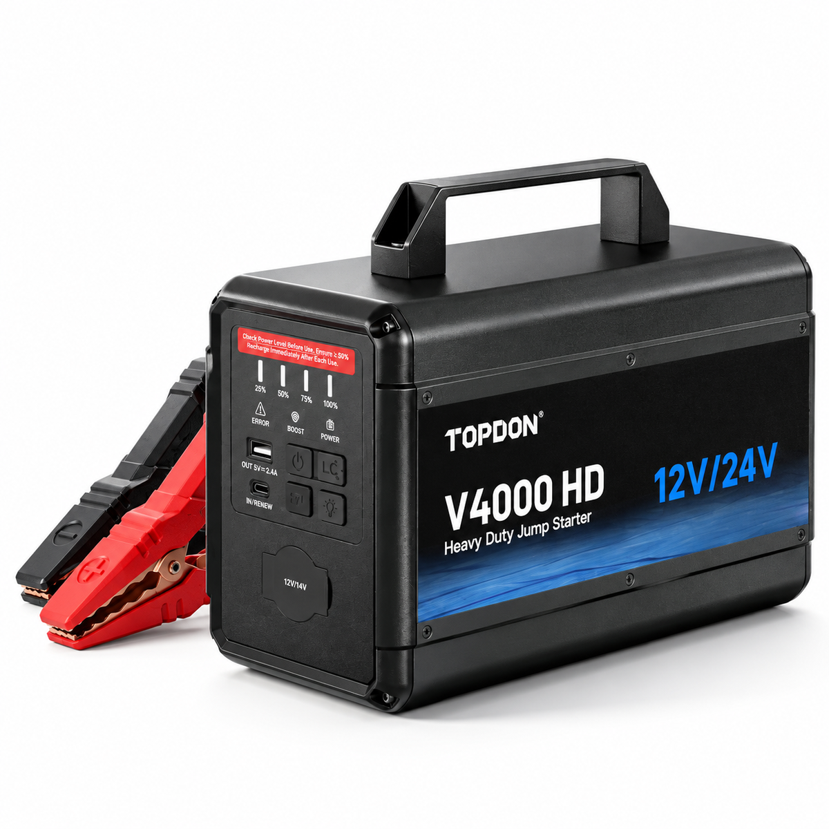 TOPDON V4000 HD arrancador de batería 12V/24V de hasta 4000A para camiones, autobuses y vehículos pesados con motores de hasta 16L