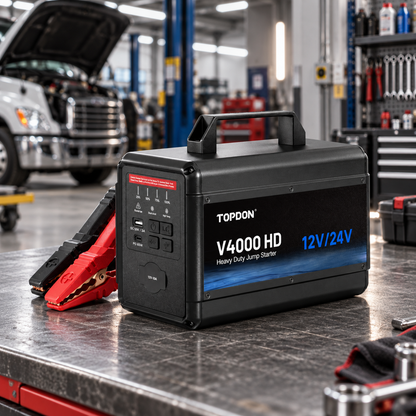 TOPDON V4000 HD booster y arrancador de batería para camiones diésel y vehículos pesados 12V/24V con batería LiFePO4 y hasta 4000A