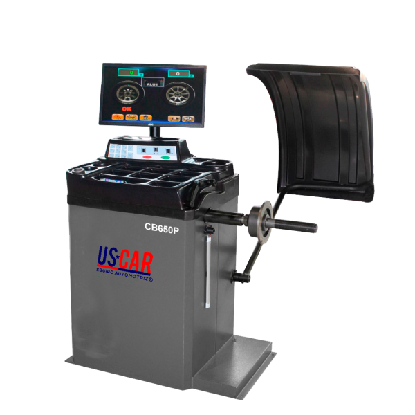 USCAR CB650P balanceadora de llantas automática con programas ALU para balanceo dinámico y estático, medición interior/exterior, rin 10”–24” y capacidad hasta 65 kg