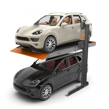 Elevador de estacionamiento US CAR CR6000DLX de 2 postes con plataforma completa, capacidad de 2,700 kg. Rampa para autos que duplica espacio en estacionamientos residenciales o comerciales, apta para SUVs y pickups ligeras.