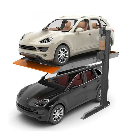 Elevador de estacionamiento US CAR CR6000DLX de 2 postes con plataforma completa, capacidad de 2,700 kg. Rampa para autos que duplica espacio en estacionamientos residenciales o comerciales, apta para SUVs y pickups ligeras.