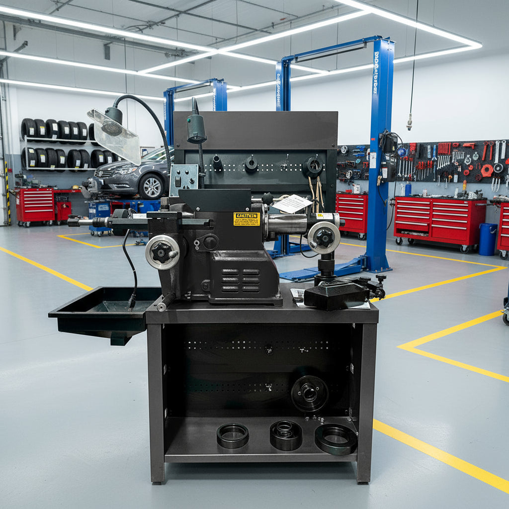 Rectificadora de discos y tambores USCAR CR-8500 instalada en taller automotriz, con servomotores independientes y operación silenciosa para acabados precisos.