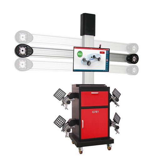 Alineadora 3D USCAR G781 con gabinete reforzado y cámaras de 5 MP Sony, control remoto Android, doble pantalla HD y base de datos internacional actualizable para talleres de alto rendimiento.