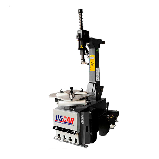 USCAR GT325 desmontadora semiautomática con brazo oscilante y bloqueo manual, capacidad para rines de 10” a 24”. Incluye cilindro de doble entrada de 180 mm y estructura reforzada para uso intensivo en talleres profesionales.
