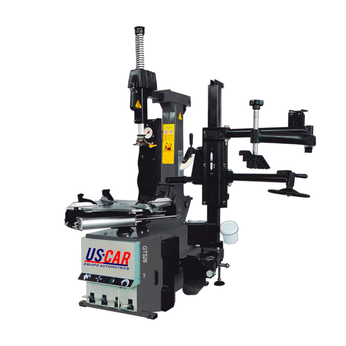 USCAR GT526 PRO desmontadora automática de llantas con rango de sujeción 10–24” externo y 12–26” interno. Incluye destalonador de 2,800 kg, rotación 6–12 rpm y presión neumática 8–12 bar para uso intensivo en talleres.