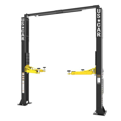 Estructura del elevador US-CAR US-10AC de 2 postes 10,000 lb con brazos asimétricos y travesaño superior, ideal para autos, SUVs y pickups.