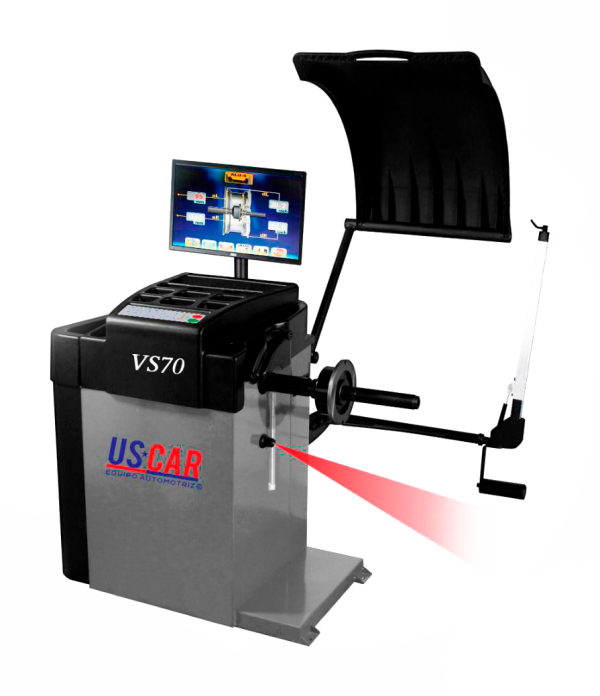 USCAR VS70 balanceadora de llantas profesional con monitor digital, autocalibración y arranque automático. Equipo de alto rendimiento para talleres automotrices con capacidad de hasta 70 kg por rueda y precisión de ±1 g.