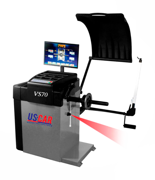 USCAR VS70 balanceadora de llantas profesional con monitor digital, autocalibración y arranque automático. Equipo de alto rendimiento para talleres automotrices con capacidad de hasta 70 kg por rueda y precisión de ±1 g.