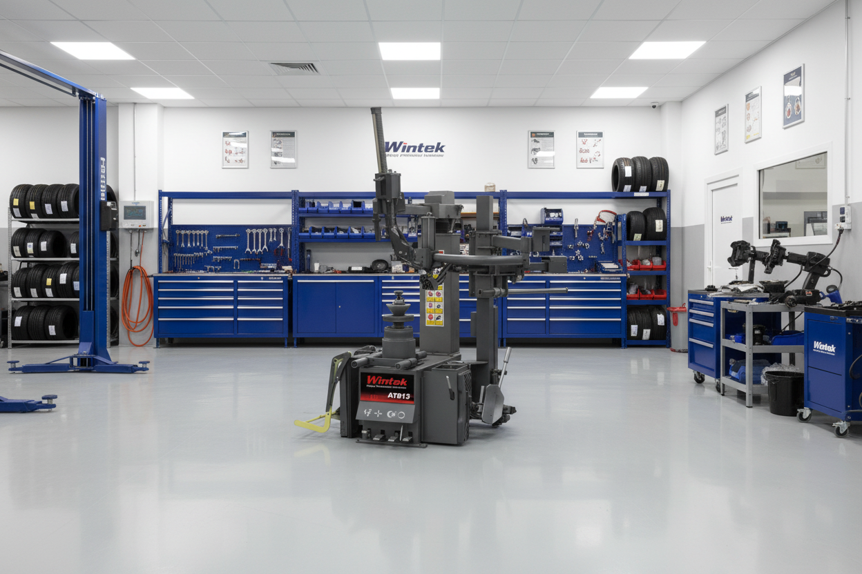 Wintek AT813 desmontadora electroneumática instalada en taller para servicio profesional de llantas