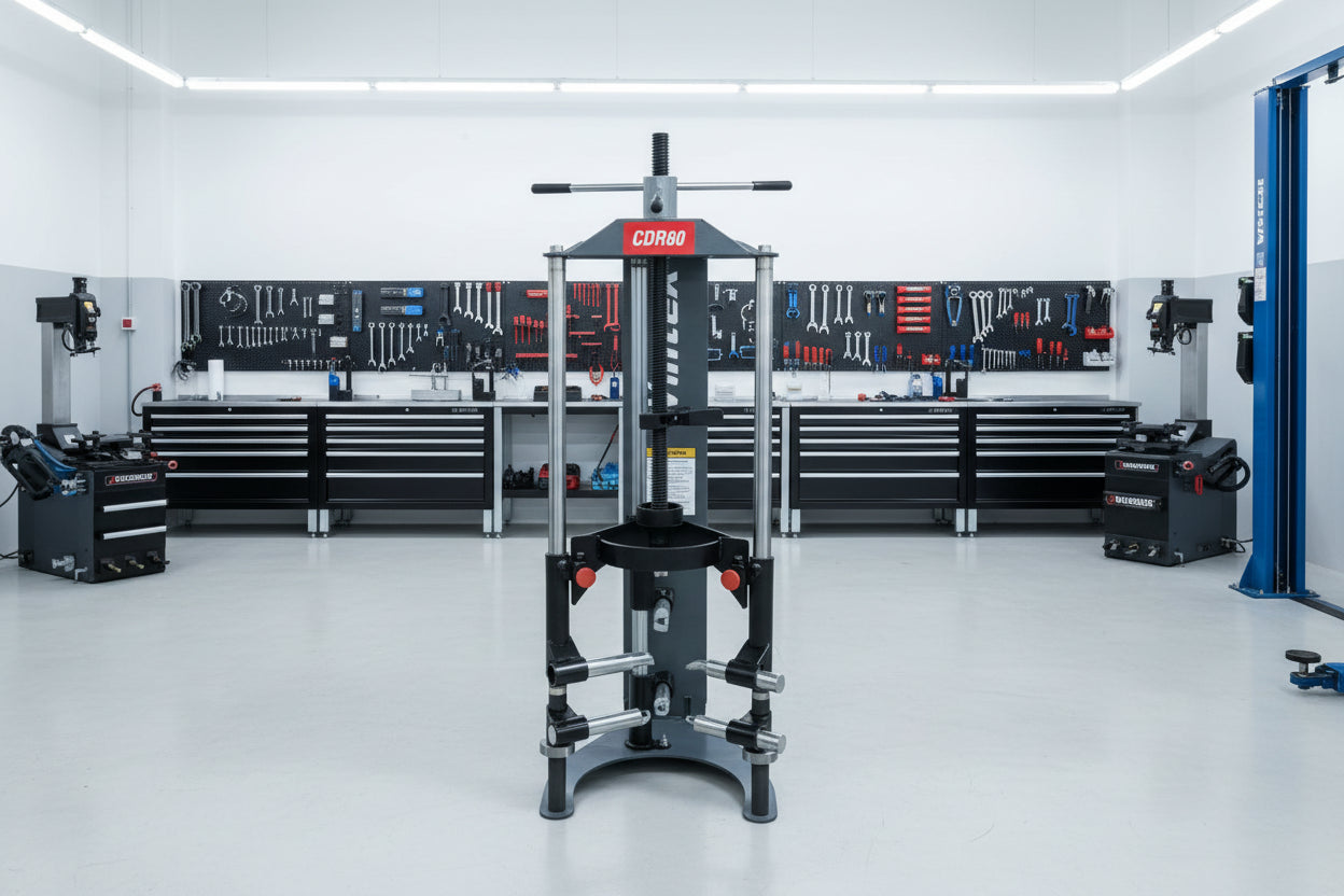 Wintek CDR80 compresor de resortes para suspensión MacPherson y Multilink en taller, con rosca Acme, ajuste por volante y ganchos de sujeción para trabajo seguro