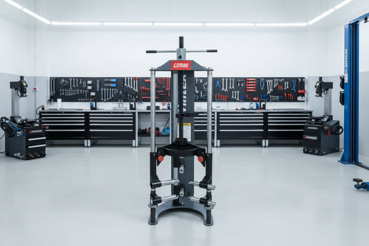 Wintek CDR80 compresor de resortes para suspensión MacPherson y Multilink en taller, con rosca Acme, ajuste por volante y ganchos de sujeción para trabajo seguro