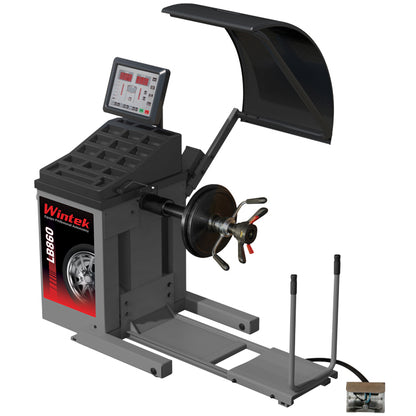 Balanceadora Wintek LB860 con arranque automático, frenado preciso y modos ALU para rines de 10 a 32 pulgadas, ideal para alto flujo en taller.