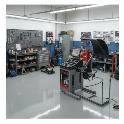 Balanceadora profesional Wintek LB860 instalada en taller automotriz, con capota y elevador neumático para balanceo de llantas de auto y camión.