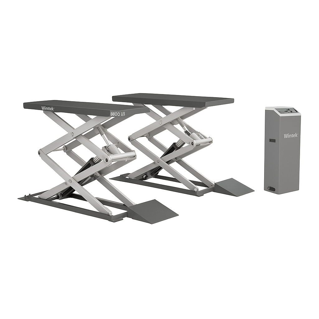 Elevador de tijera doble Wintek RLS008 de 3.6 toneladas, rampa de bajo perfil para auto y SUV con sistema electrohidráulico de 4 cilindros.
