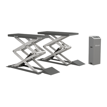 Elevador de tijera doble Wintek RLS008 de 3.6 toneladas, rampa de bajo perfil para auto y SUV con sistema electrohidráulico de 4 cilindros.