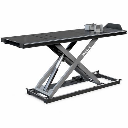 Wintek RTM700 mesa elevadora para motocicletas con plataforma tipo tijera, ideal para mantenimiento y reparación de motos