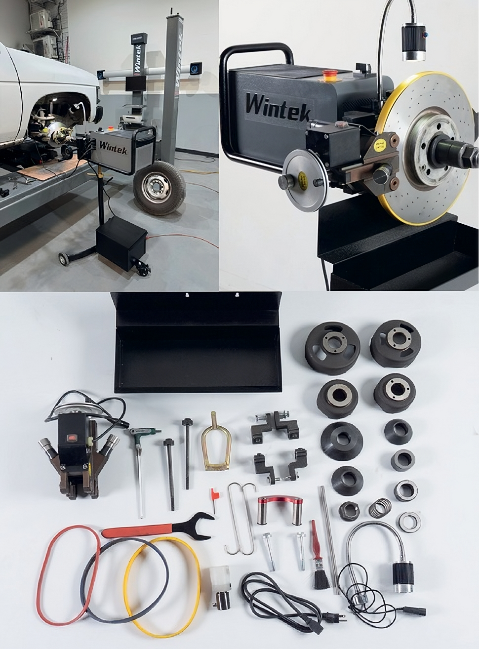 Accesorios y componentes del torno portátil Wintek TM430, incluye adaptadores, buriles y herramientas para rectificado de frenos en auto y camioneta.