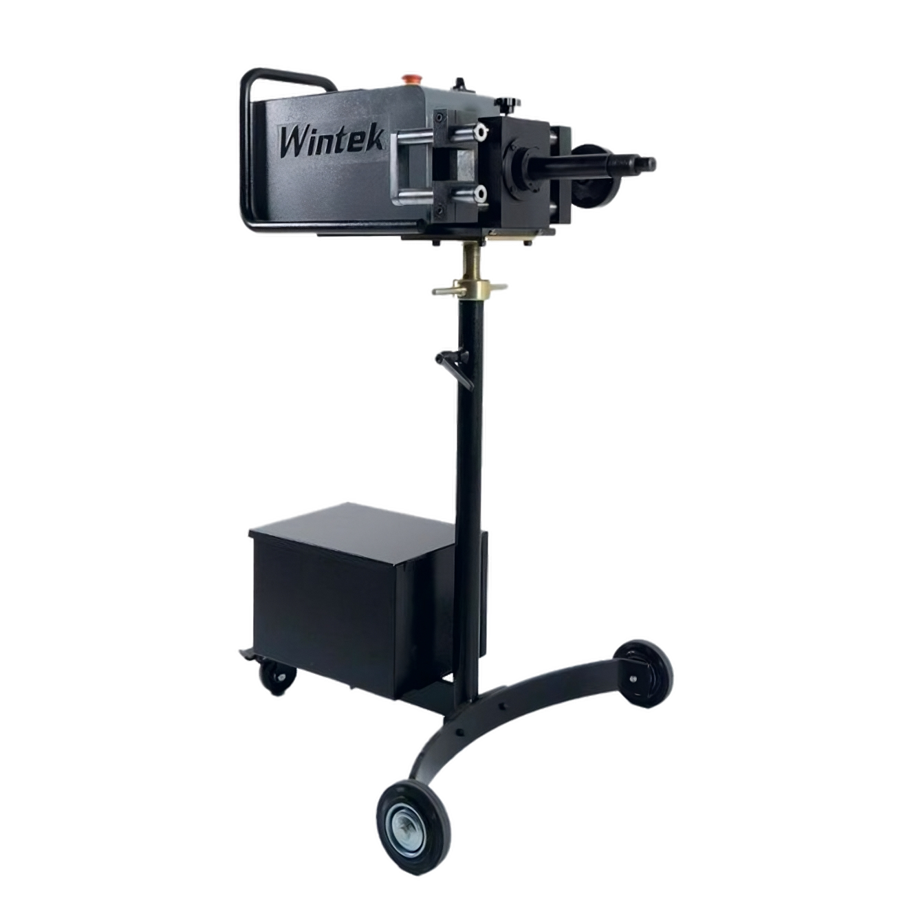 Torno portátil Wintek TM430 para rectificado de discos de freno, 110 V, 150 RPM y diseño móvil con charola y base ajustable.