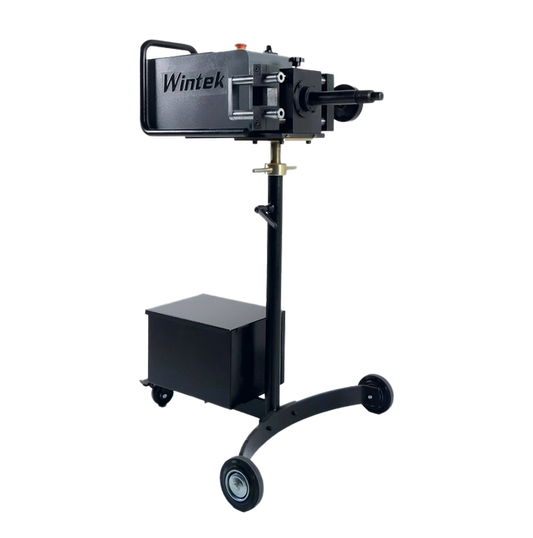 Torno portátil Wintek TM430 para rectificado de discos de freno, 110 V, 150 RPM y diseño móvil con charola y base ajustable.